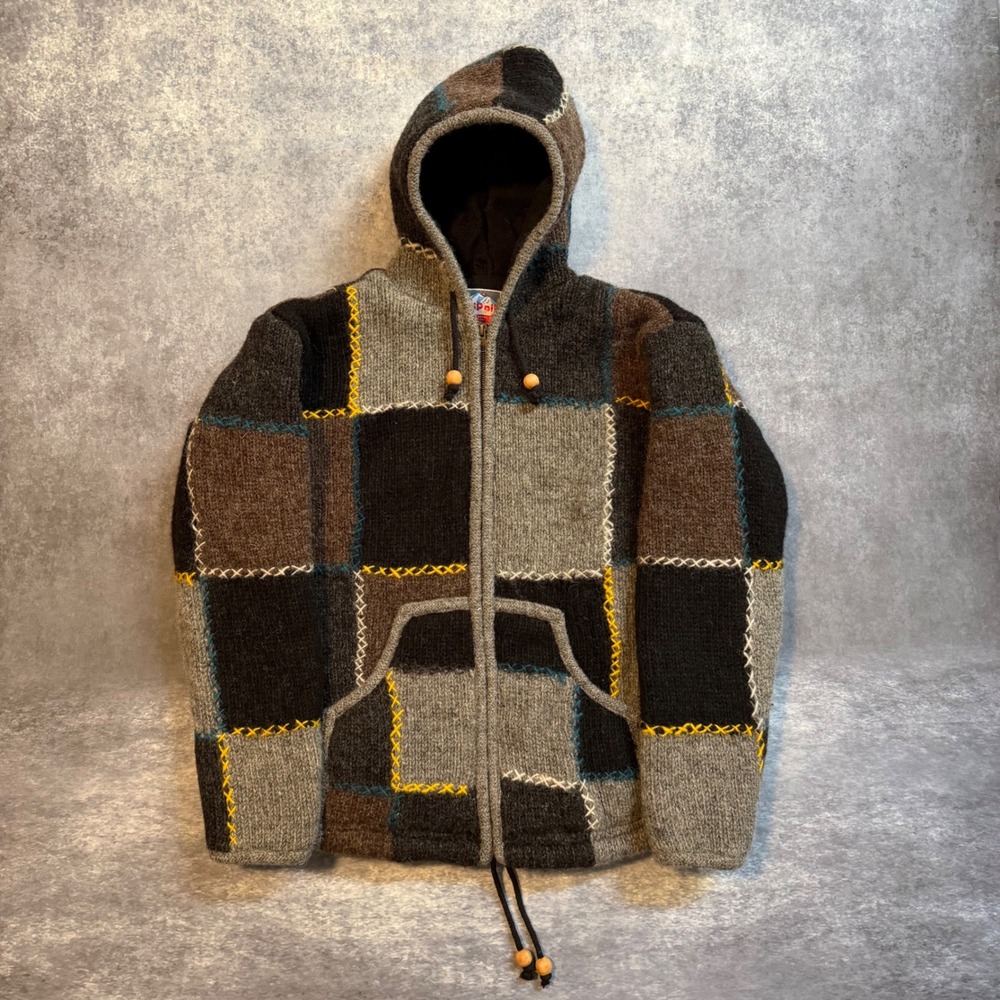 EzHippie Nepal Wool Patchwork Hoodie Jacket Small Mens Fleece Lined Boho Grunge